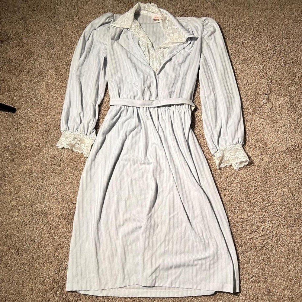 Vintage Jerri-Jee New York 80s Lace Trim Secretary Dress Blue Striped Size 9 S